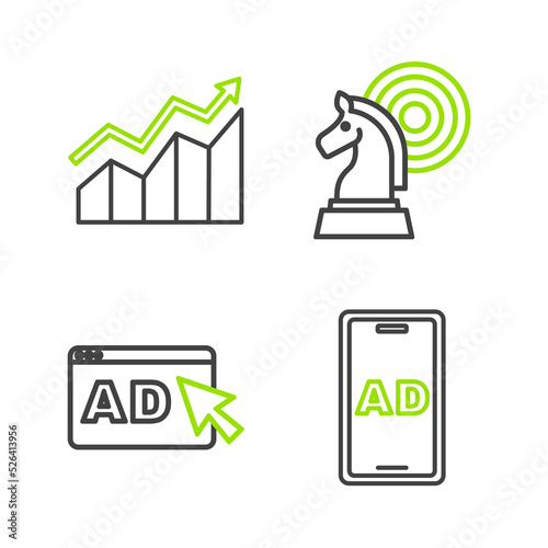 Set line Advertising, Chess and Financial growth increase icon. Vector