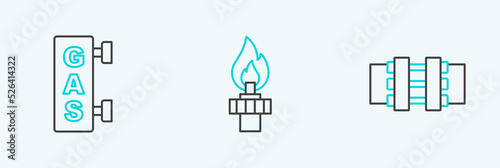 Set line Metallic pipes and valve, Gas filling station and Oil rig with fire icon. Vector