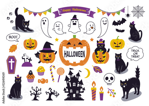 黒猫とハロウィンのイラストセット