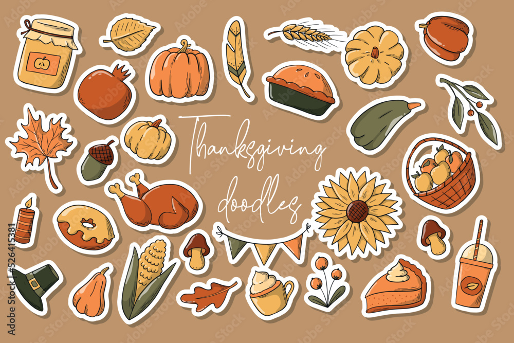 Thanksgiving pre made stickers with white edge isolated on brown background. Good for prints, clipart, planners, organizer, labels, etc. EPS 10 Thanksgiving pre made stickers with white edge isolated on brown background. Good for prints, clipart, planners, organizer, labels, etc. EPS 10