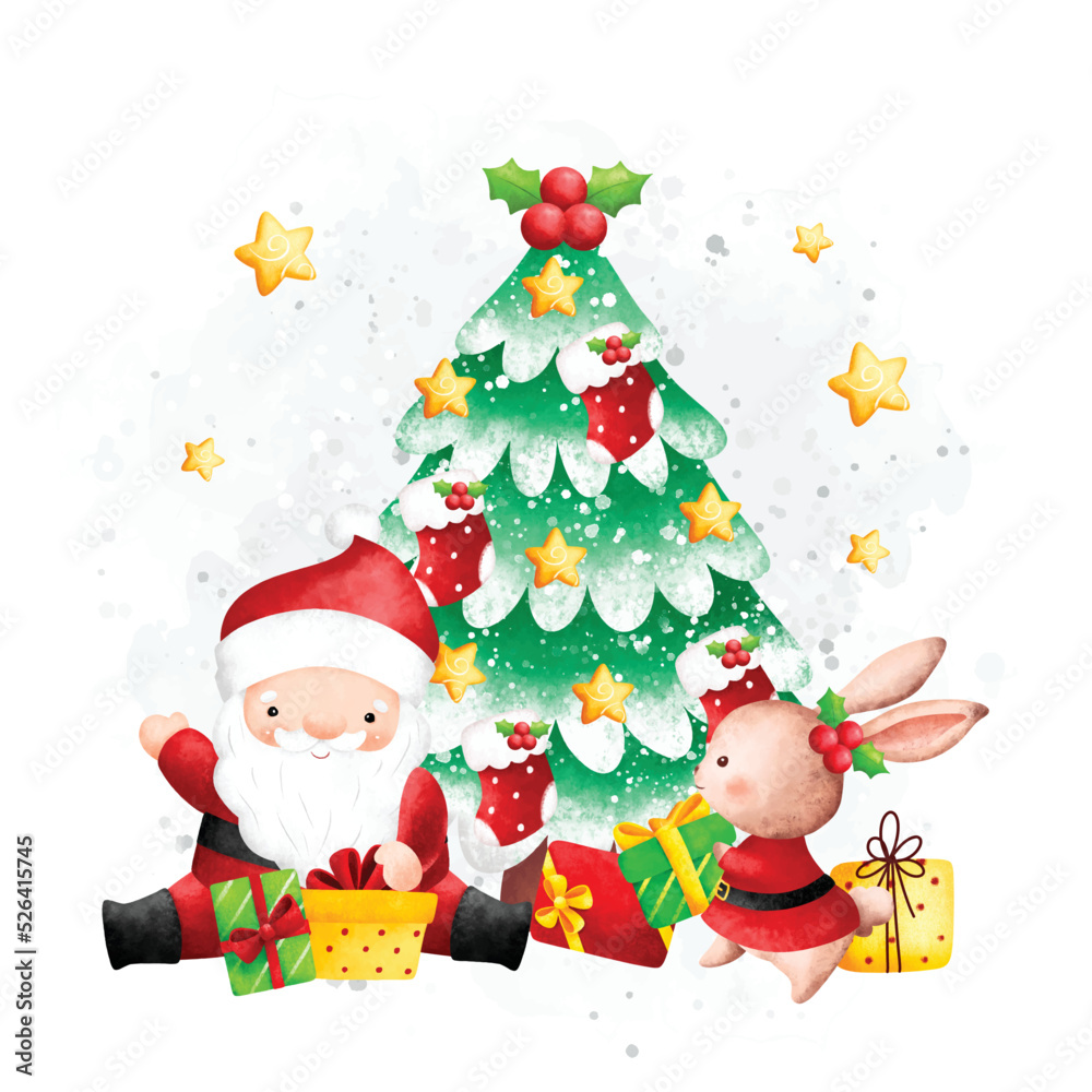 Watercolor Illustration Santa Claus and Christmas tree