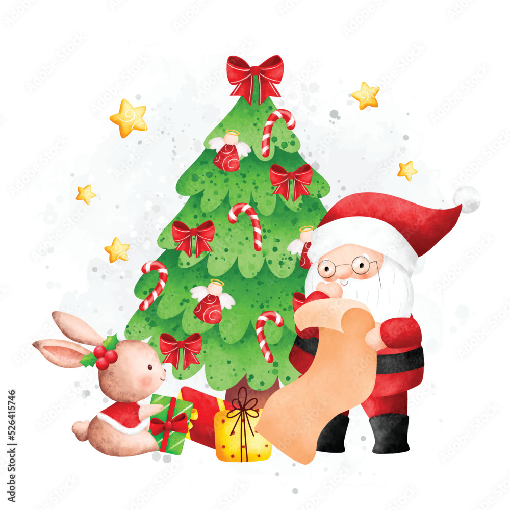 Watercolor Illustration Santa Claus and Christmas tree