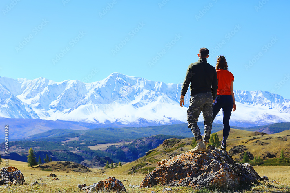couple travel mountains, travel nature view man and woman outdoor activities