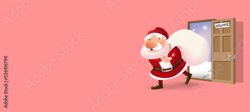 Santa Claus pulls a heavy white bag full of gifts come inside door with spacing for text