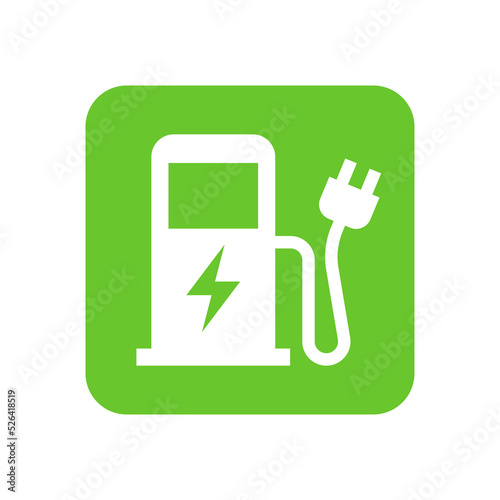 Green eco electric fuel pump icon, Charging point station for hybrid vehicles cars square sign, isolated on white background, Vector illustration