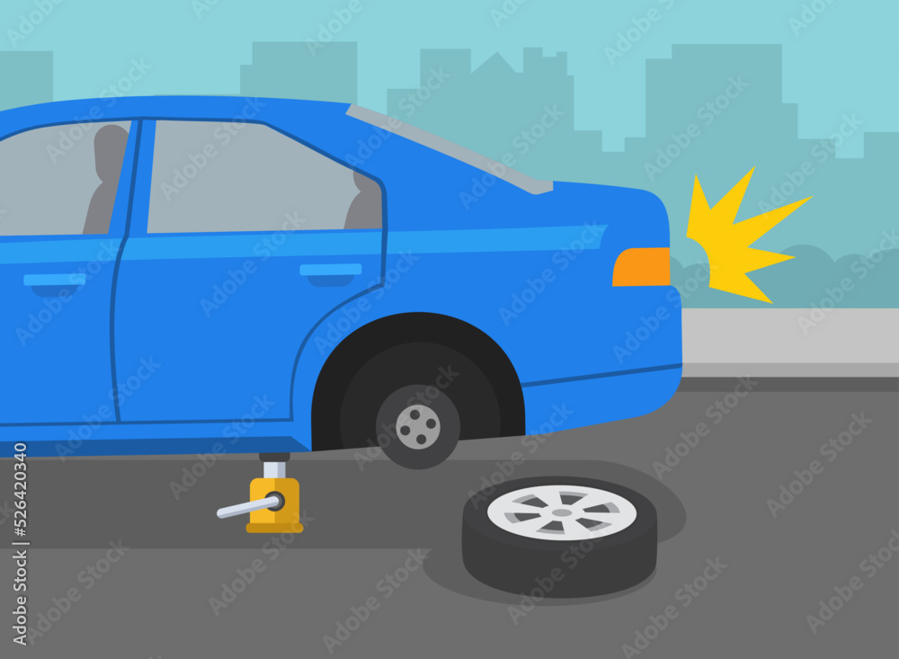 Safe driving tips and rules. Broken blue car on a city road. Changing flat tire using car jack. Flat vector illustration template.