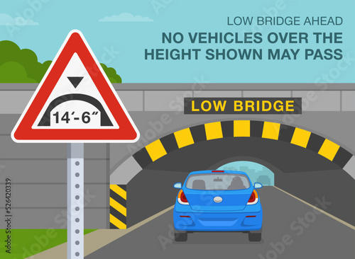 Safe driving tips and traffic regulation rules. No vehicles over the height shown may pass. Red car is reaching a low bridge with obstruction and hazard marker. Flat vector illustration template.