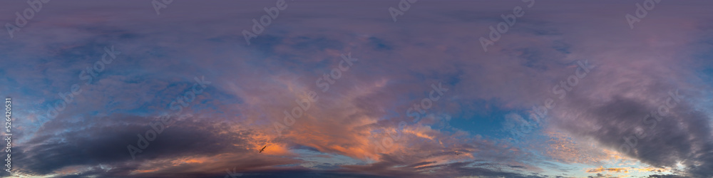 Dark blue sunset sky panorama with pink Cumulus clouds. Seamless hdr 360 panorama in spherical equirectangular format. Full zenith for 3D visualization, sky replacement for aerial drone panoramas.
