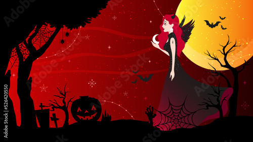 Halloween landscape illustration with beautiful red evil