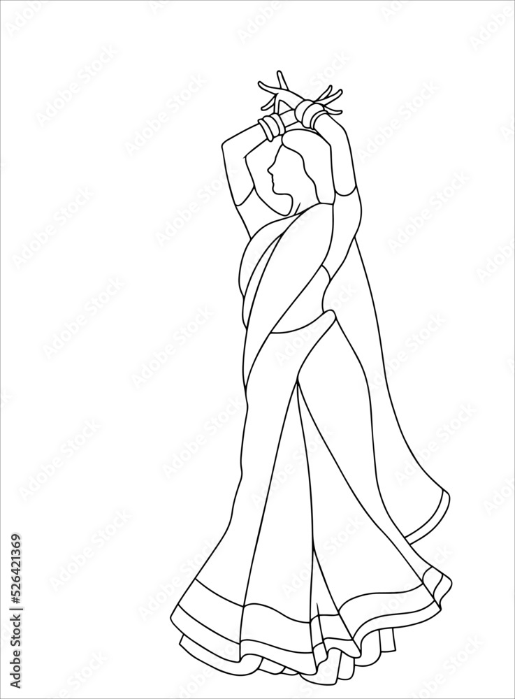 Beautiful woman dancing bollywood dance. traditional indian dance. woman with saree. Folklore dance with classical indian clothes. Line art, isolated white background. Beautiful woman dancing bollywood dance. traditional indian dance. woman with saree. Folklore dance with classical indian clothes. Line art, isolated white background.