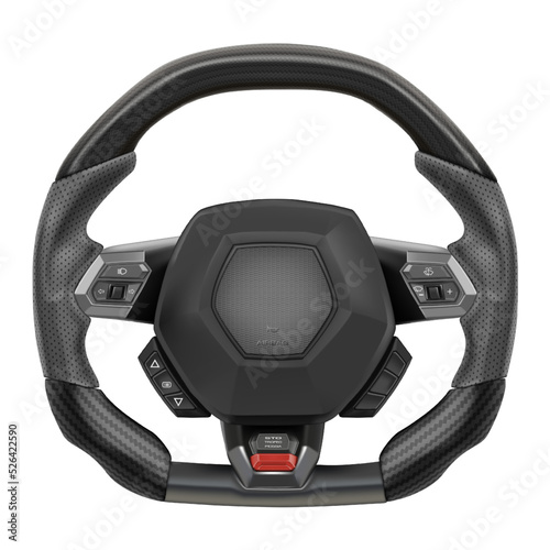Realistic vector steering wheel supercar auto parts for steering direction control covered with gray rubber and black Kevlar pattern with control mode on a white