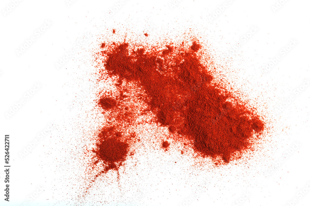 Pile of red paprika powder isolated on white background, top view