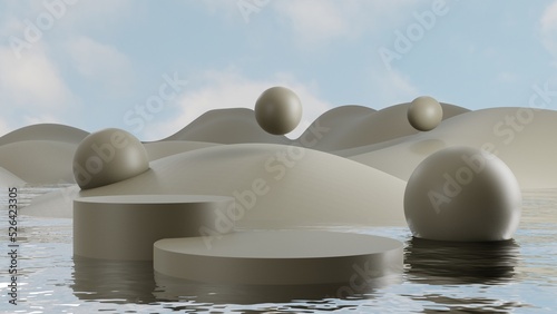 natural empty podium on water  grey pedestal for product showcase  empty platform display  3D Rendering