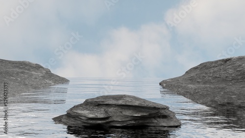 natural empty stone platform for product showcase, podium stand on water surface, 3D Rendering