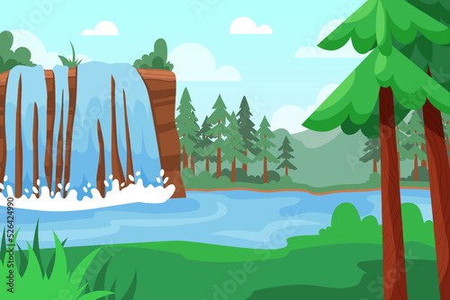 Jungle waterfall. Scenic river in mountain. Water fall in lake. Creek stream. Forest landscape. Fantasy panorama. Grass field. Wild nature. Summer scenery. Vector illustration background