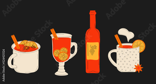 Set Mulled wine in  different cups and a bottle of wine . Mulled wine with cinnamon.Vector in cartoon style. All elements are isolated