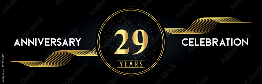 29 Years Anniversary Celebration with Golden Waves and Circle Frames on Luxury Background. Premium Design for banner, poster, graduation, weddings, happy birthday, greetings card and, jubilee.