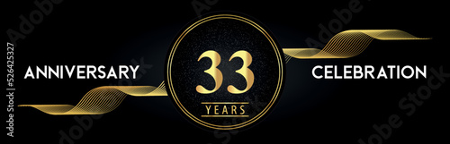 33 Years Anniversary Celebration with Golden Waves and Circle Frames on Luxury Background. Premium Design for banner, poster, graduation, weddings, happy birthday, greetings card and, jubilee.