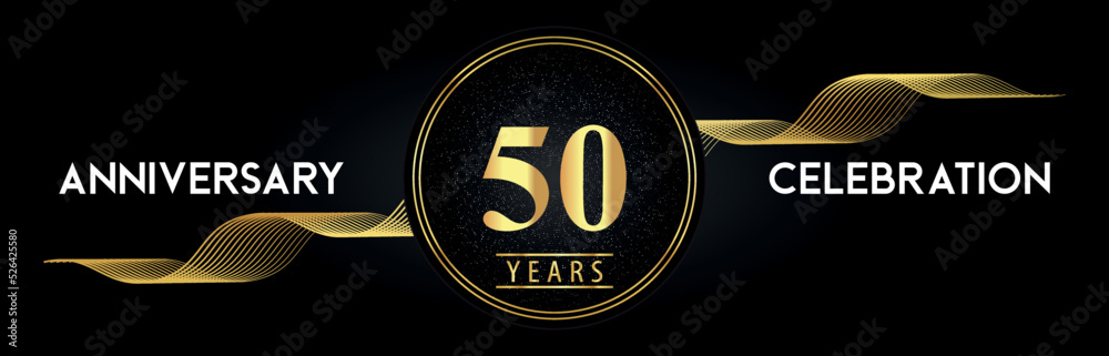 50 Years Anniversary Celebration with Golden Waves and Circle Frames on Luxury Background. Premium Design for banner, poster, graduation, weddings, happy birthday, greetings card and, jubilee.