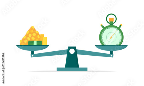 Balance scale. Money and time equity. Work price. Clock compare with dollars. Financial equilibrium comparison. Golden coins heap and timepiece. Costs measurement. Vector business icon