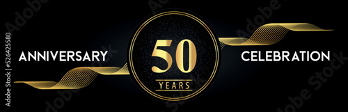 50 Years Anniversary Celebration with Golden Waves and Circle Frames on Luxury Background. Premium Design for banner, poster, graduation, weddings, happy birthday, greetings card and, jubilee.