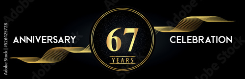 67 Years Anniversary Celebration with Golden Waves and Circle Frames on Luxury Background. Premium Design for banner, poster, graduation, weddings, happy birthday, greetings card and, jubilee.