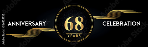 68 Years Anniversary Celebration with Golden Waves and Circle Frames on Luxury Background. Premium Design for banner, poster, graduation, weddings, happy birthday, greetings card and, jubilee.