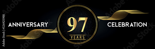 97 Years Anniversary Celebration with Golden Waves and Circle Frames on Luxury Background. Premium Design for banner, poster, graduation, weddings, happy birthday, greetings card and, jubilee.