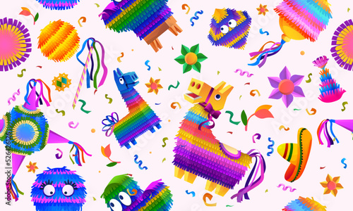 Mexican pinata pattern. Birthday donkey toy with bright confetti. greeting background for spanish party. Decor textile, wrapping paper, wallpaper design. seamless texture photo