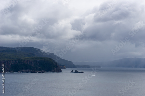 Rain and clouds over headland and island in a sombre coastal setting