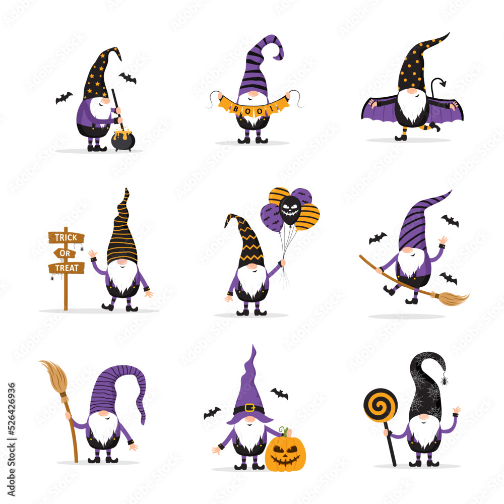 Halloween gnomes. Cute scandinavian elves collection. Dwarf celebrate spooky night. Happy holiday characters. Vector illustration in flat cartoon style.