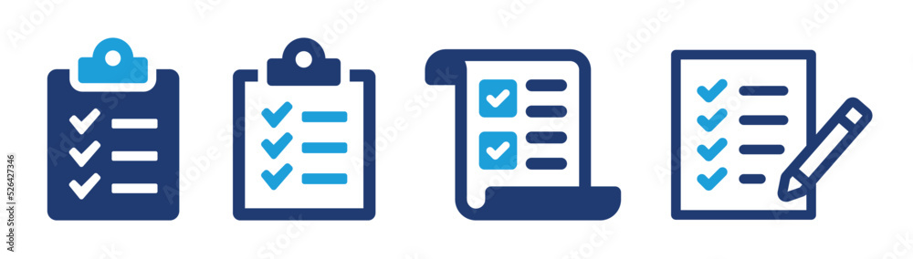 Checklist icon set. Containing clipboard with checkmark, document, checkbox on paper icon vector illustration. - obrazy, fototapety, plakaty 