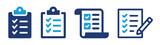 Checklist icon set. Containing clipboard with checkmark, document, checkbox on paper icon vector illustration.