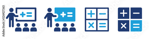Mathematics icon set. Teacher teaching math icon vector illustration. Calculator symbol