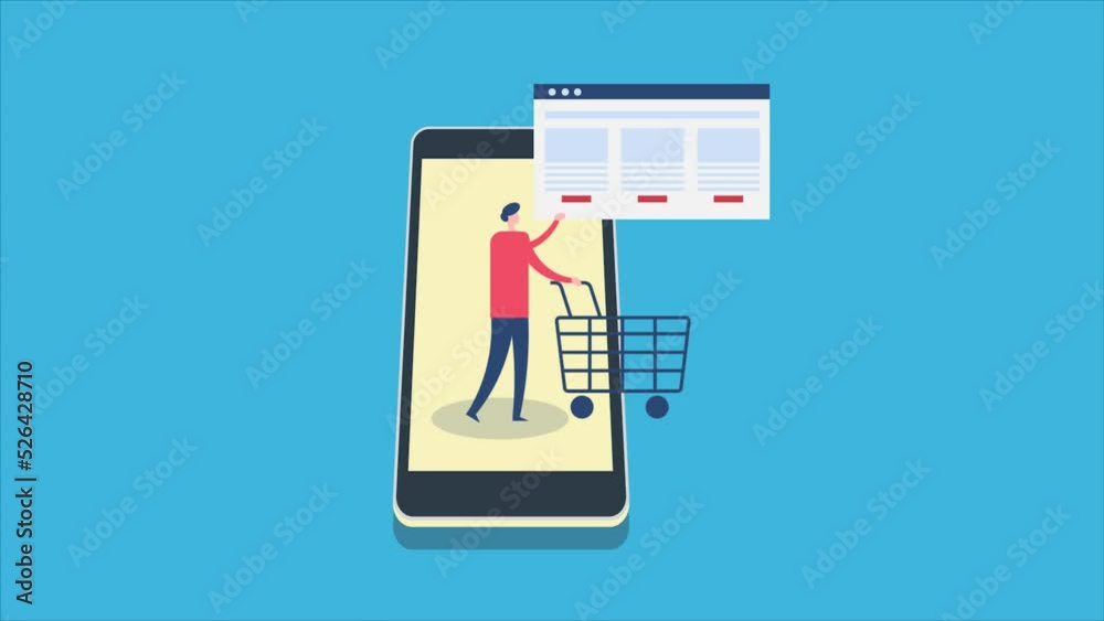 Customer with trolley shopping online with ecommerce app from mobile device, business technology animation. Customer with trolley shopping online with ecommerce app from mobile device, business technology animation.
