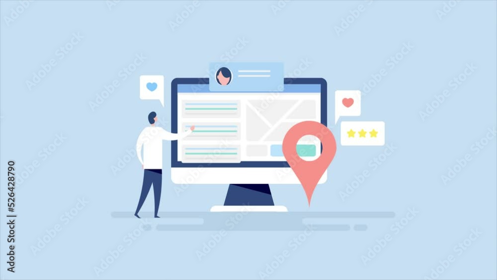 Man searching and reading online business review on computer, local seo marketing animation concept. Man searching and reading online business review on computer, local seo marketing animation concept.