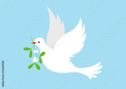 Dove with christmas mistletoe branch isolated on white background. Pigeon flying joy bird with mistletoe in the beak. Flat design cartoon style vector illustration.