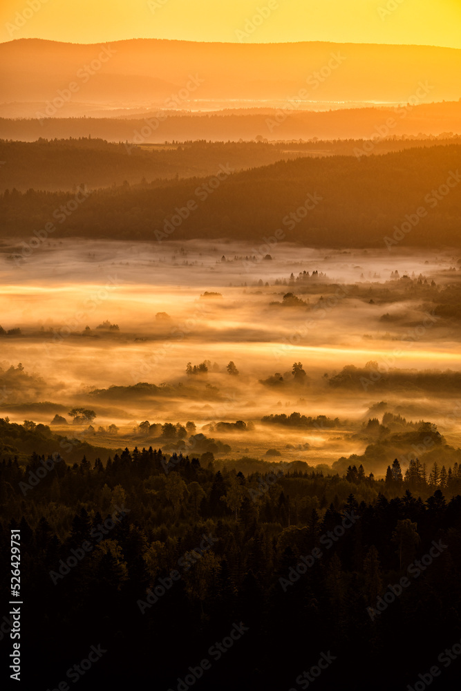 Fototapeta premium Sunrise in the San River valley on the border between Poland and Ukraine. Bieszczady Mountains, Carpathians.