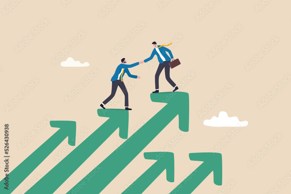 Business mentor, coaching or consult to help success, leadership or support to grow business or career, advice and trust to help improve, businessman mentor help coworker to climb growth arrow chart. - obrazy, fototapety, plakaty 