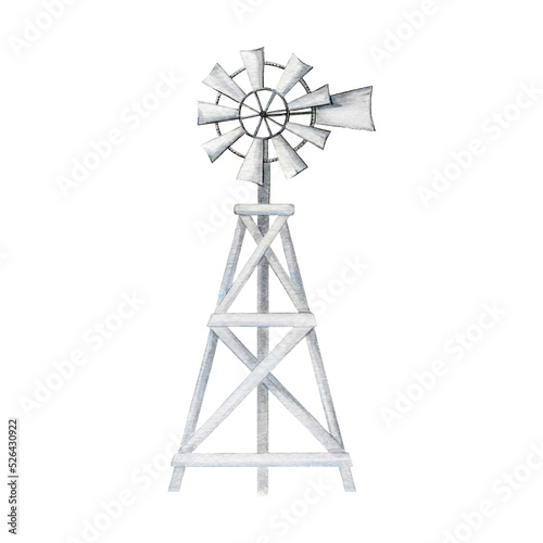 Windmill vintage style image. Watercolor illustration. Hand drawn farm wooden windmill. Countryside agriculture element. Isolated on white background photo