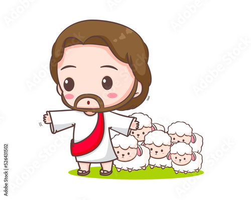 Jesus Christ protects the sheep cartoon character. Cute mascot illustration. Isolated white background. Biblical story Religion and faith.