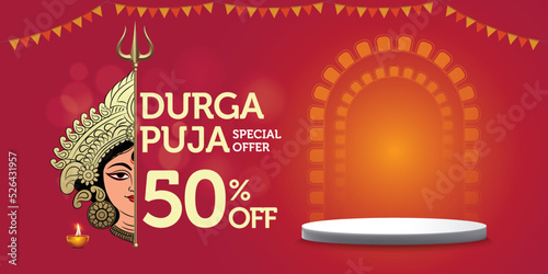 Happy Durga Puja Sale special offer banner template with festive elements