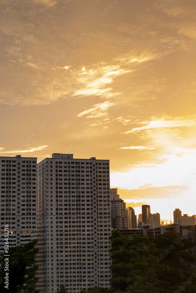 city landscape of Bangkok and golden sky
