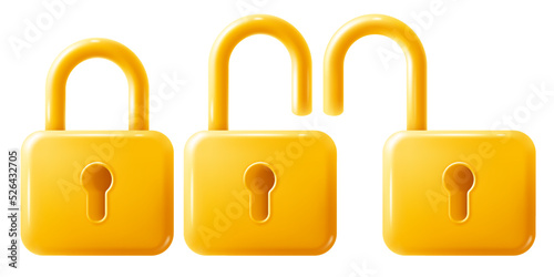 Set of golden rectangle padlocks with keyholes. Open and closed lock. Conceptual icons of security, protection, privacy e.t.c. Realistic but minimalistic style. Vector 3d illustration