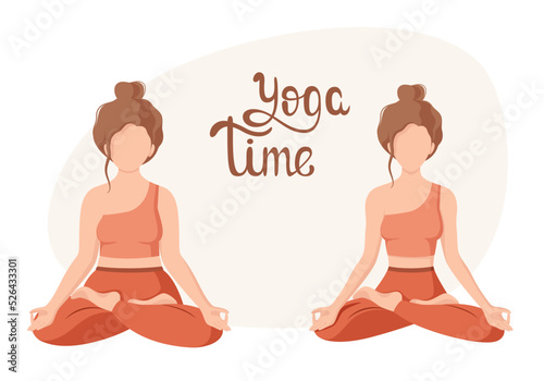 Yoga time. A woman before and after classes. Healthy lifestyle. Cartoon design.
