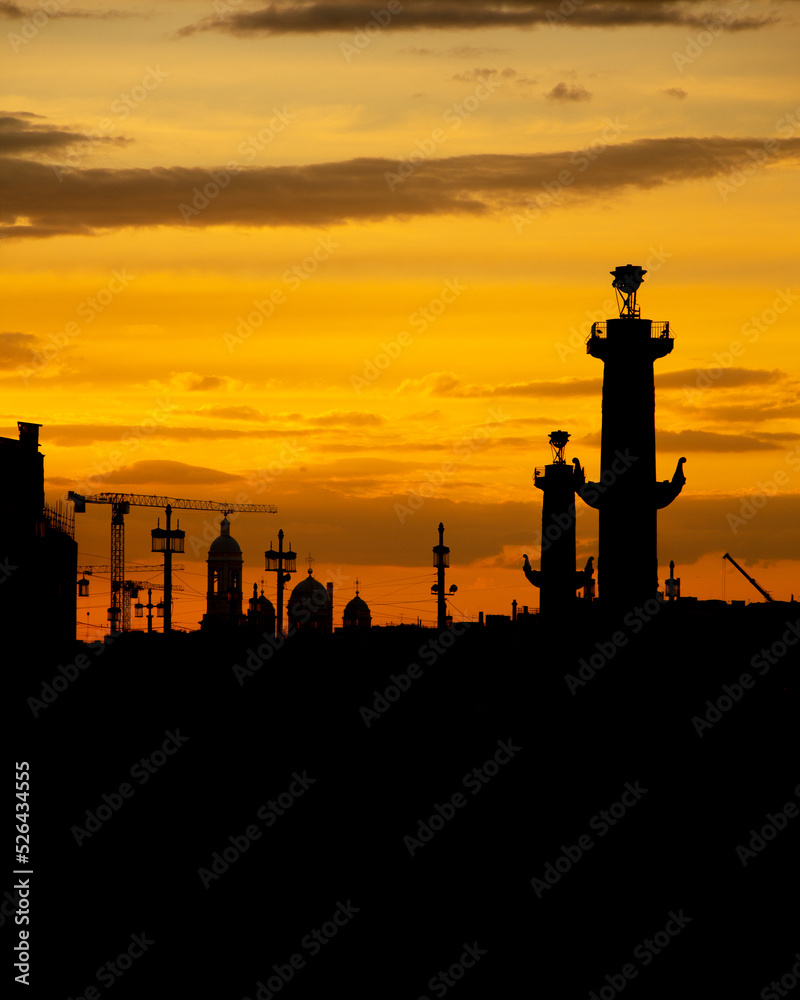 Sunset view of St. Petersburg, rostral columns