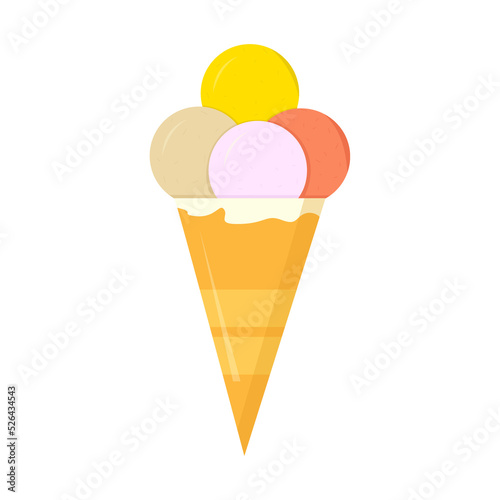 Ice cream cone with 3 scoops isolated on white background