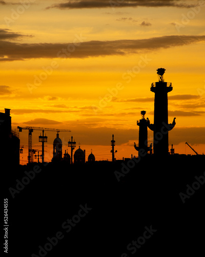 Sunset view of St. Petersburg, rostral columns