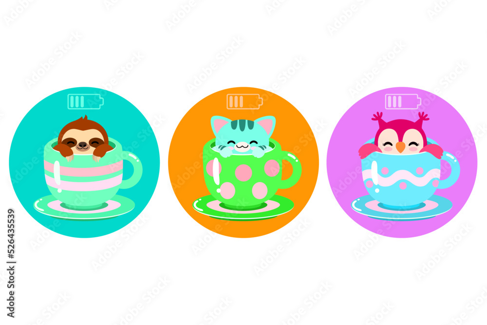 Fototapeta premium funny cartoon sleeping sloth, cat and owl in cups on colored background. cute animals relaxing. charging battery. colorful vector illustration