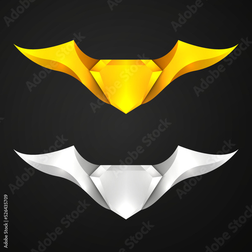 Gold and silver emblem with wings, game ui achievement badges.
